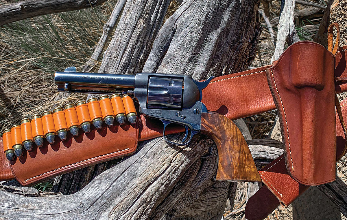The Colt Birthday Build rides in a Barranti Leather Hondo shuck/ money belt/ 12- loop cartridge slide these days.